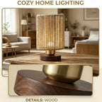 Lampe de chevet cylindre de corde, variateur USB et socle teinte noyer
