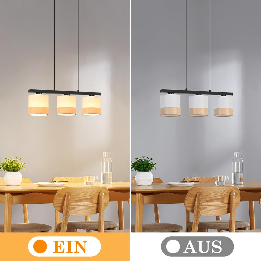 Suspension 3 abat-jour en tissu blanc sur barre noire de 58 cm