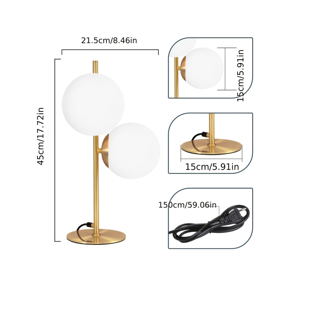 Lampe de chevet à deux globes en verre opalin, pied doré ou noir
