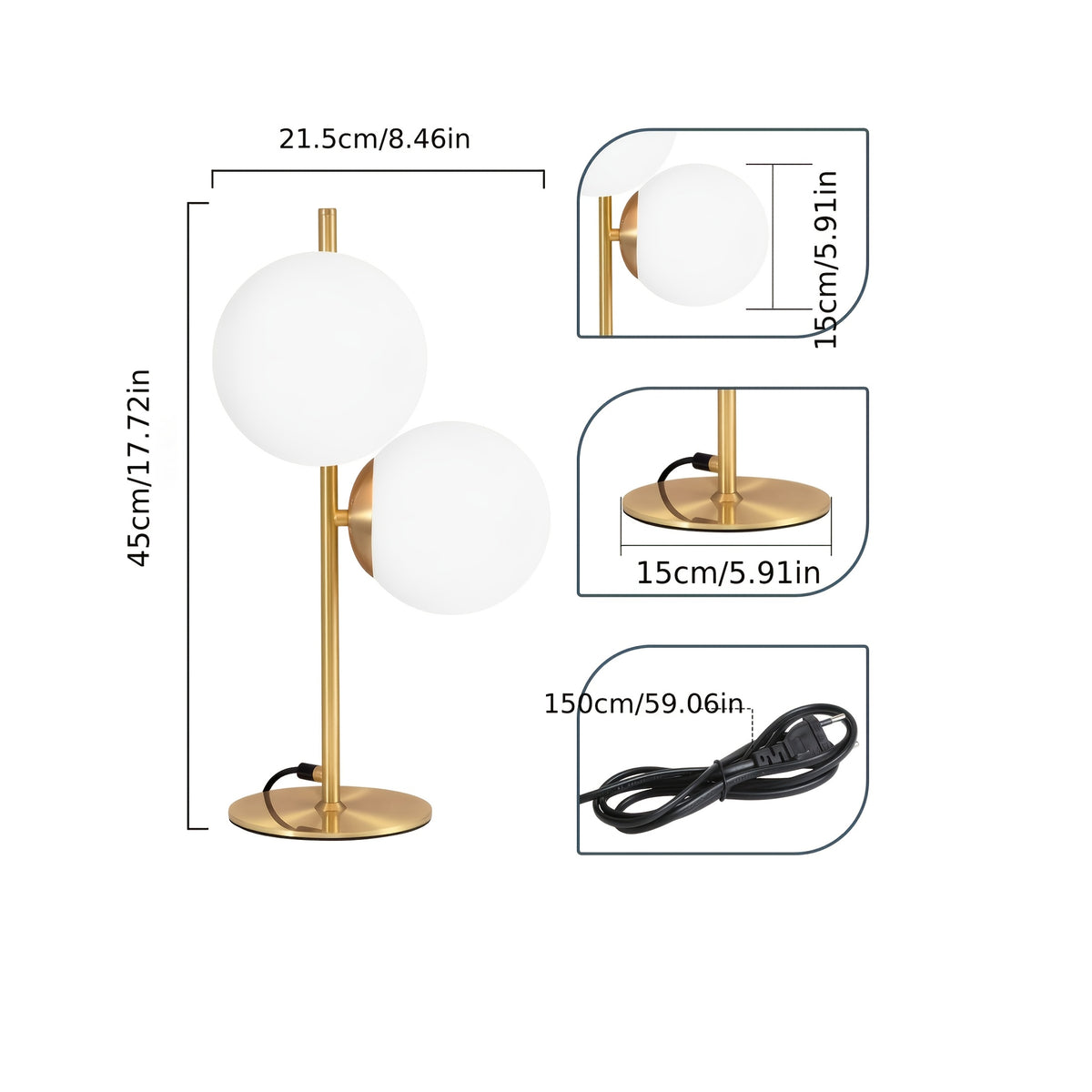 Lampe de chevet à deux globes en verre opalin, pied doré ou noir