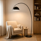 Lampadaire arc noir mat, dôme métal Ø 30 cm et portée réglable