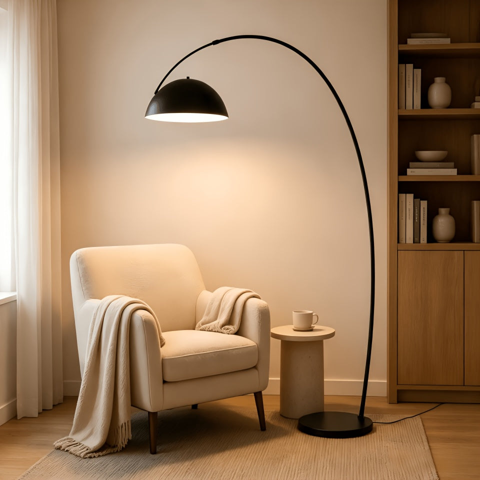 Lampadaire arc noir mat, dôme métal Ø 30 cm et portée réglable