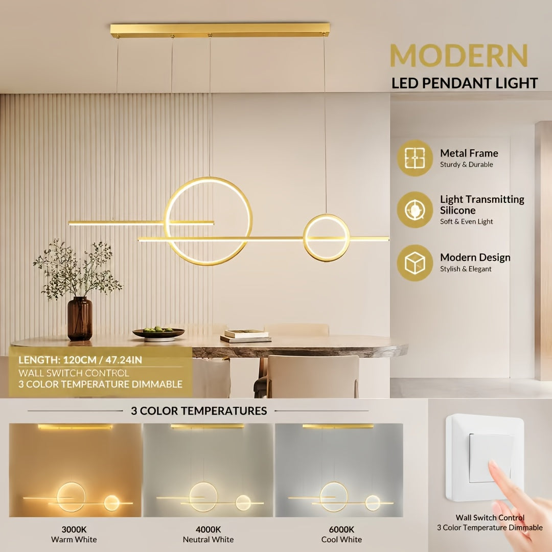 Lustre LED cercles et barres sur 120 cm, en blanc, noir ou doré
