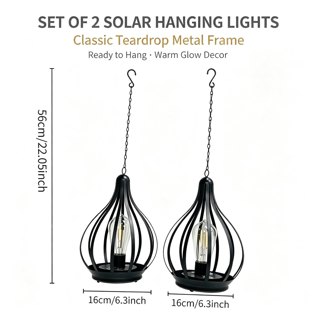 Lot de 2 suspensions solaires goutte en métal noir, ampoule filament