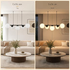 Suspension 5 globes en verre opalin, barre de 90 cm noire ou dorée