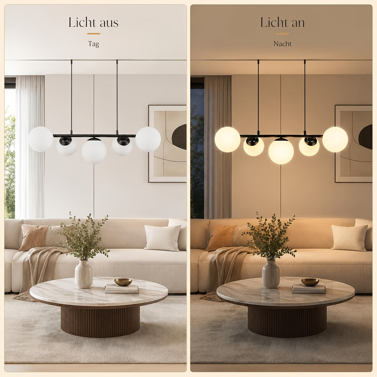 Suspension 5 globes en verre opalin, barre de 90 cm noire ou dorée