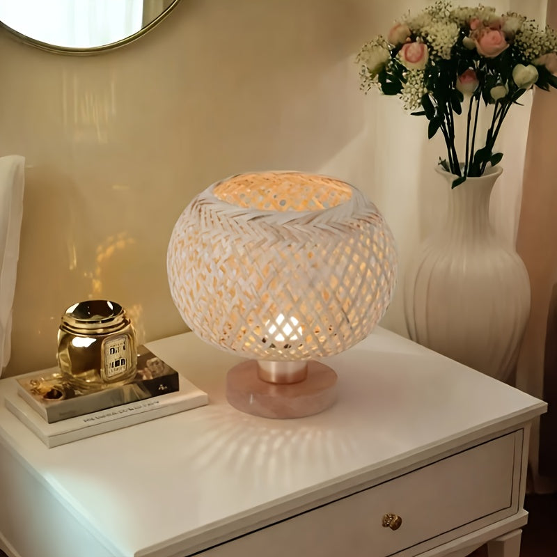 Lampe de chevet boule en bambou tressé, socle en bois, 18 cm