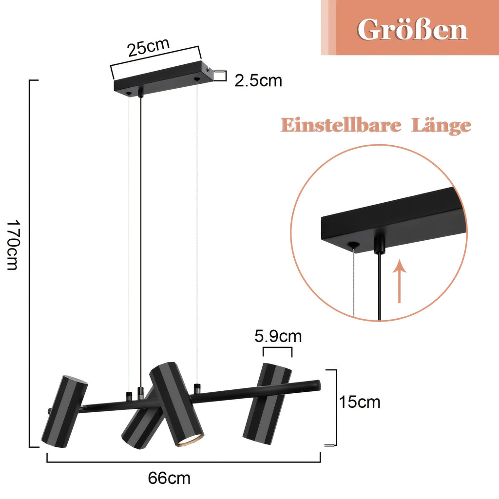 Suspension 4 spots orientables GU10 en métal noir, barre 66 cm