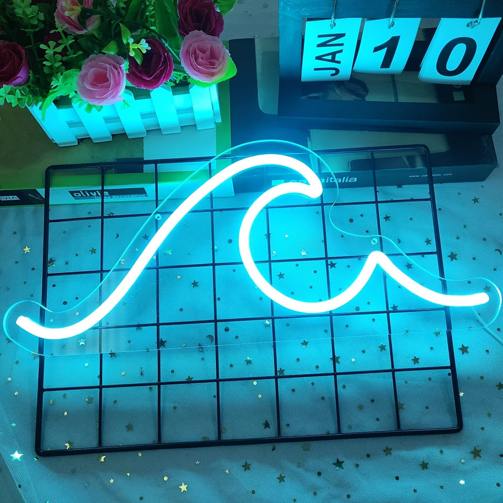 Néon LED vague bleu glacier avec variateur, 37 x 14 cm, USB
