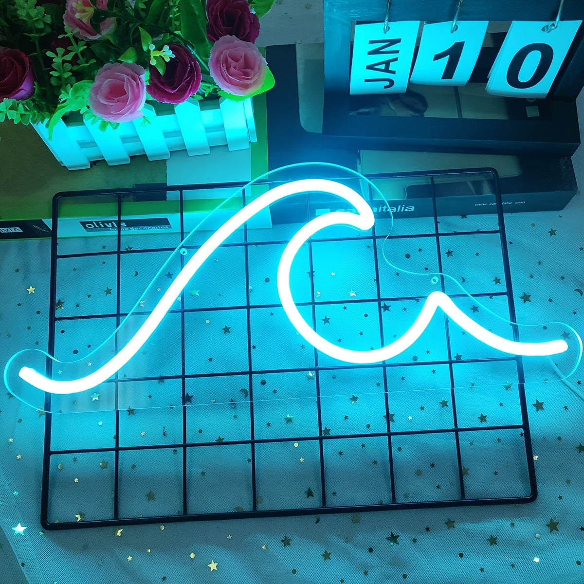 Néon LED vague bleu glacier avec variateur, 37 x 14 cm, USB