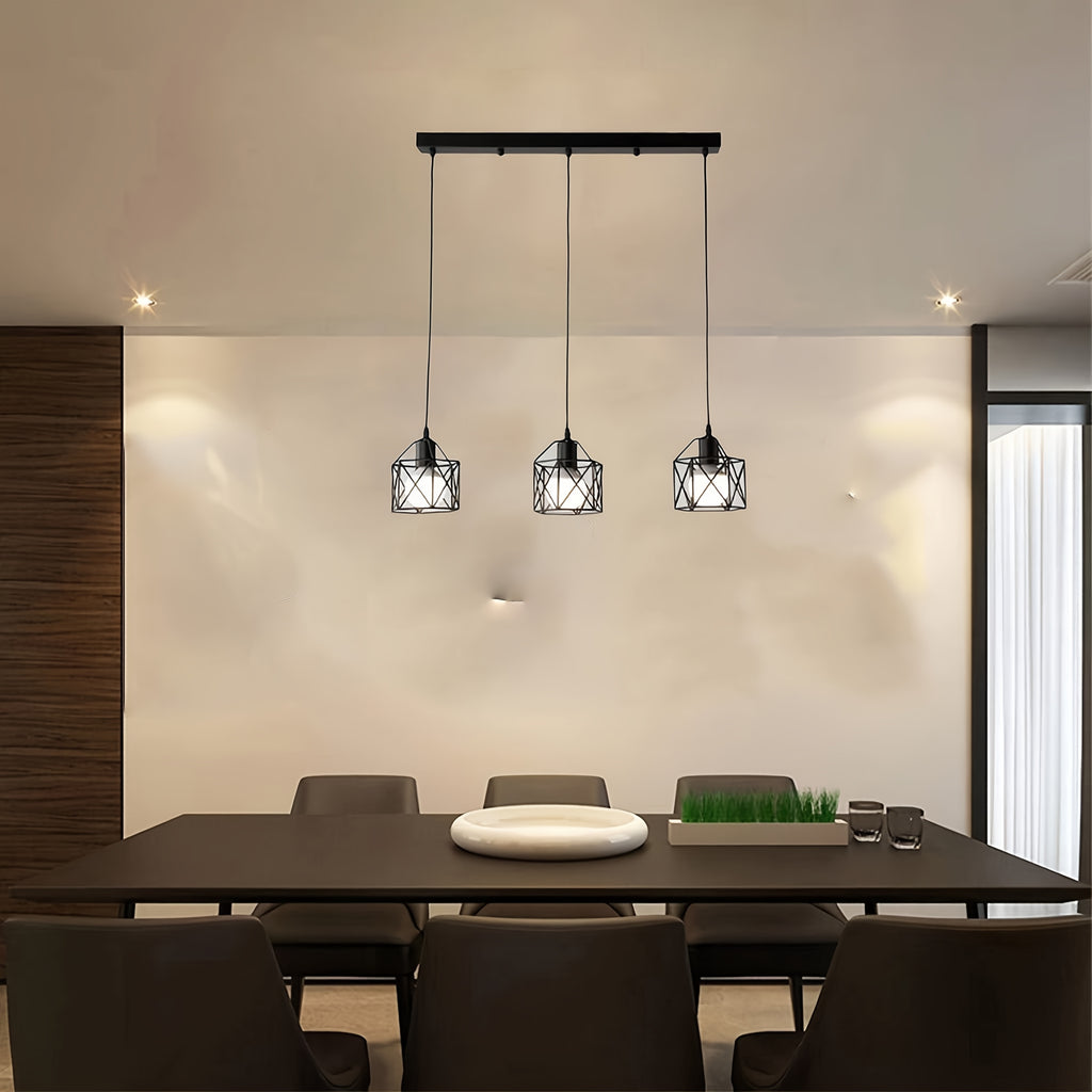 Suspension 3 cages noires sur barre de 50 cm, style industriel
