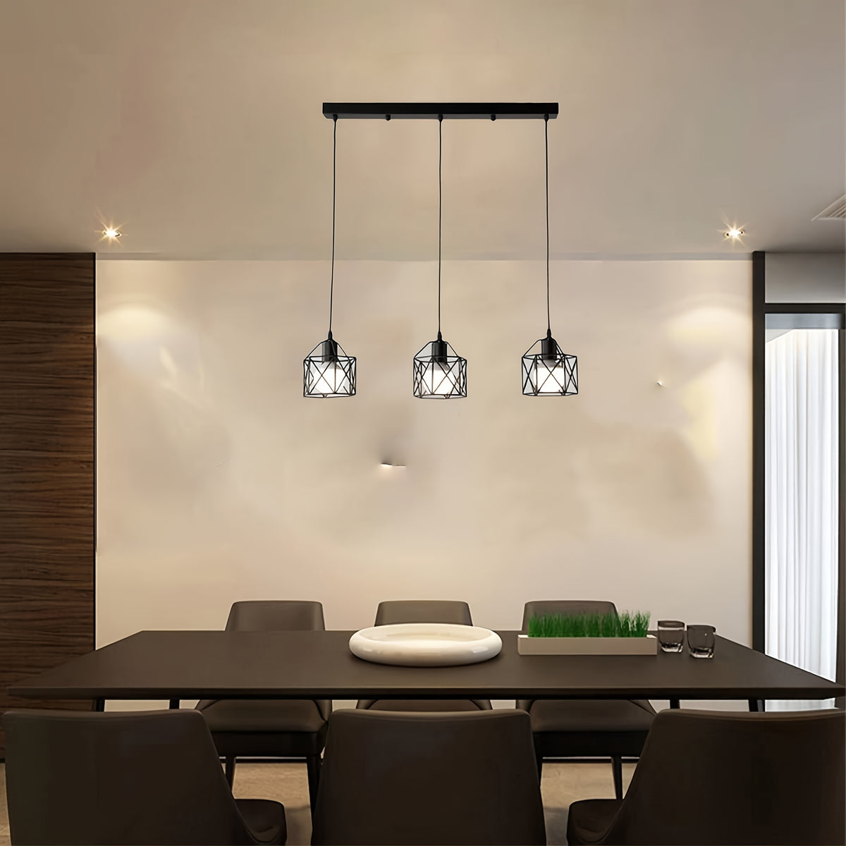 Suspension 3 cages noires sur barre de 50 cm, style industriel