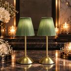 Lot de 2 lampes sans fil à abat-jour plissé vert, socle doré