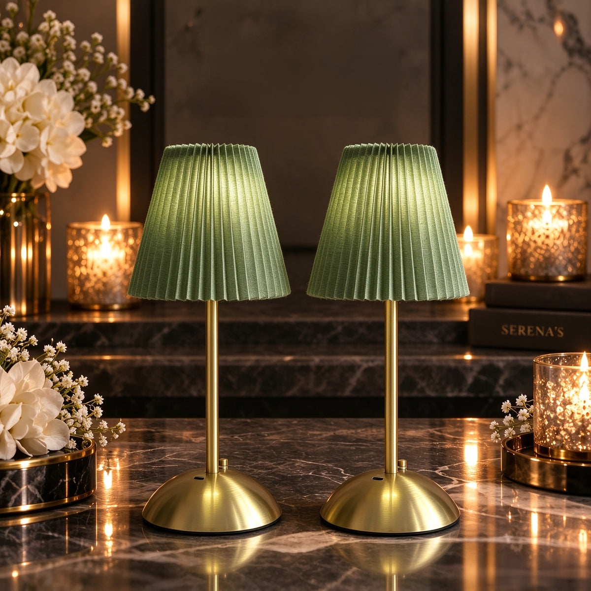 Lot de 2 lampes sans fil à abat-jour plissé vert, socle doré
