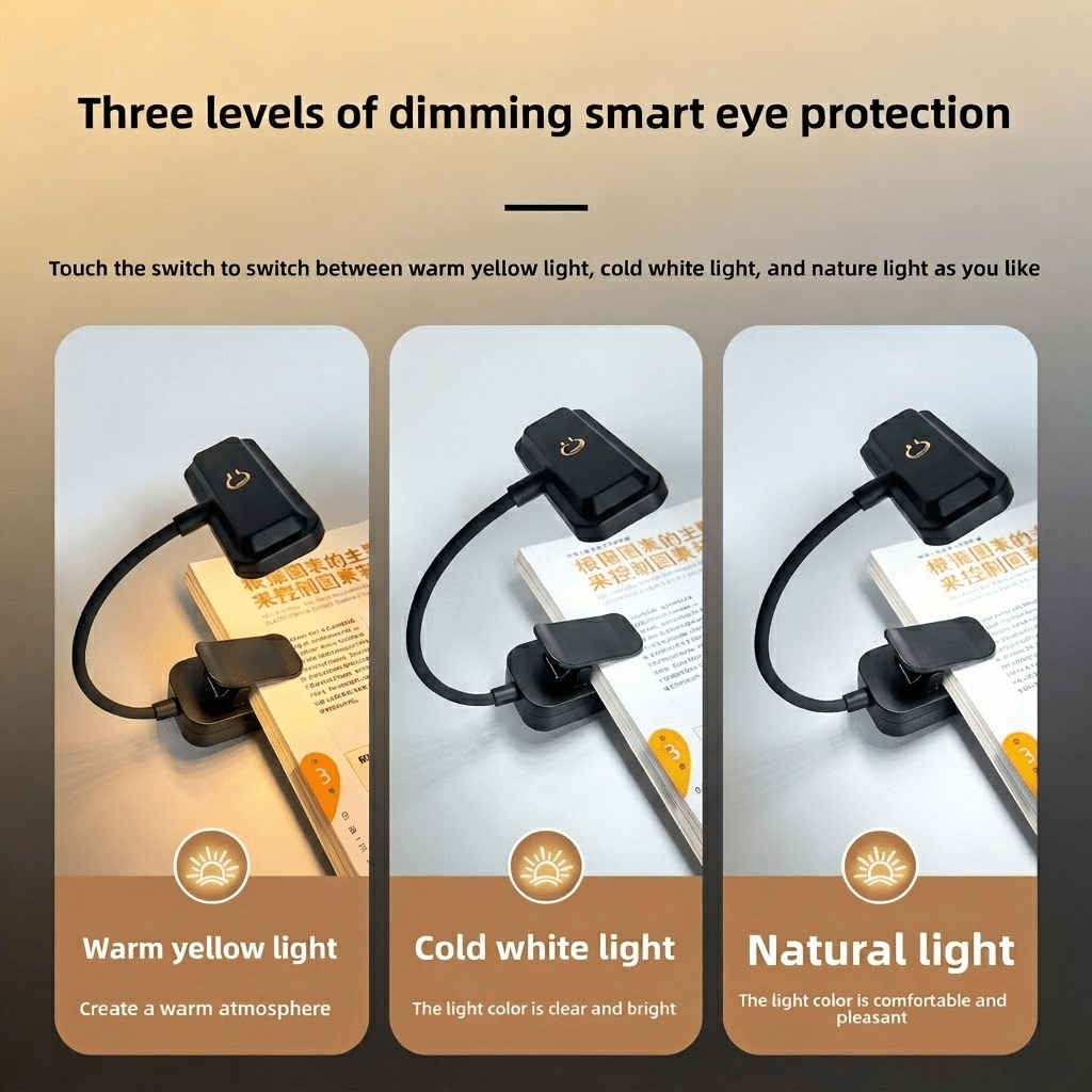 Lampe de lecture à pince noire rechargeable, utilisable branchée