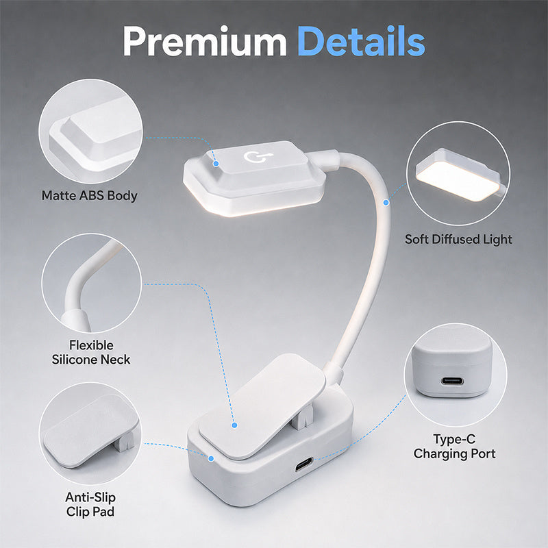 Liseuse à pince blanche au format mini, col de 14,5 cm, USB-C