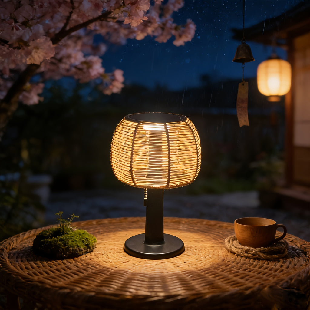 Lampe champignon solaire tressée effet rotin, chaînette, 33,5 cm