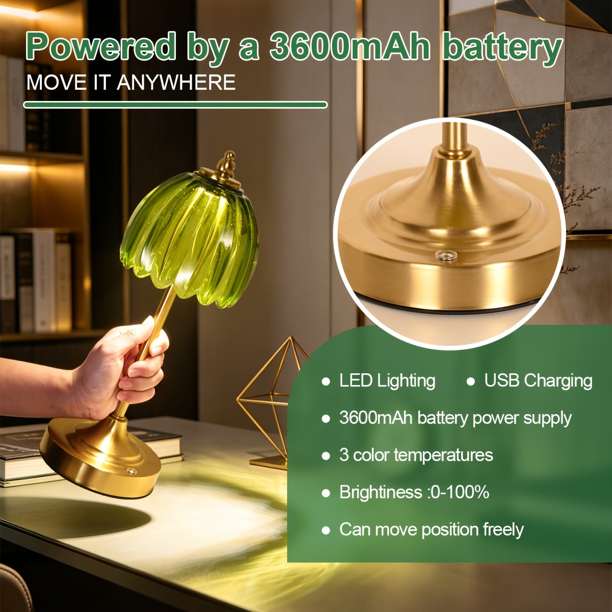 Lampe de chevet sans fil en verre nervuré vert ou orange, pied doré