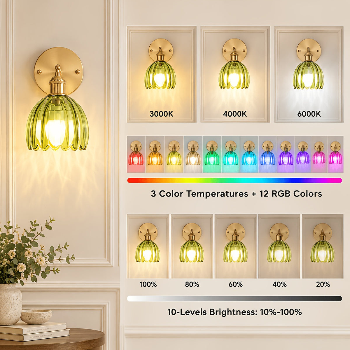 Applique murale sans fil rechargeable, tulipe de verre vert, RVB