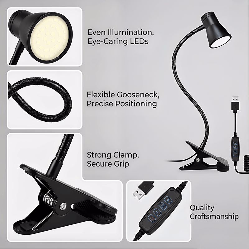 Lampe à pince noire à col de cygne de 40 cm, couture et lecture