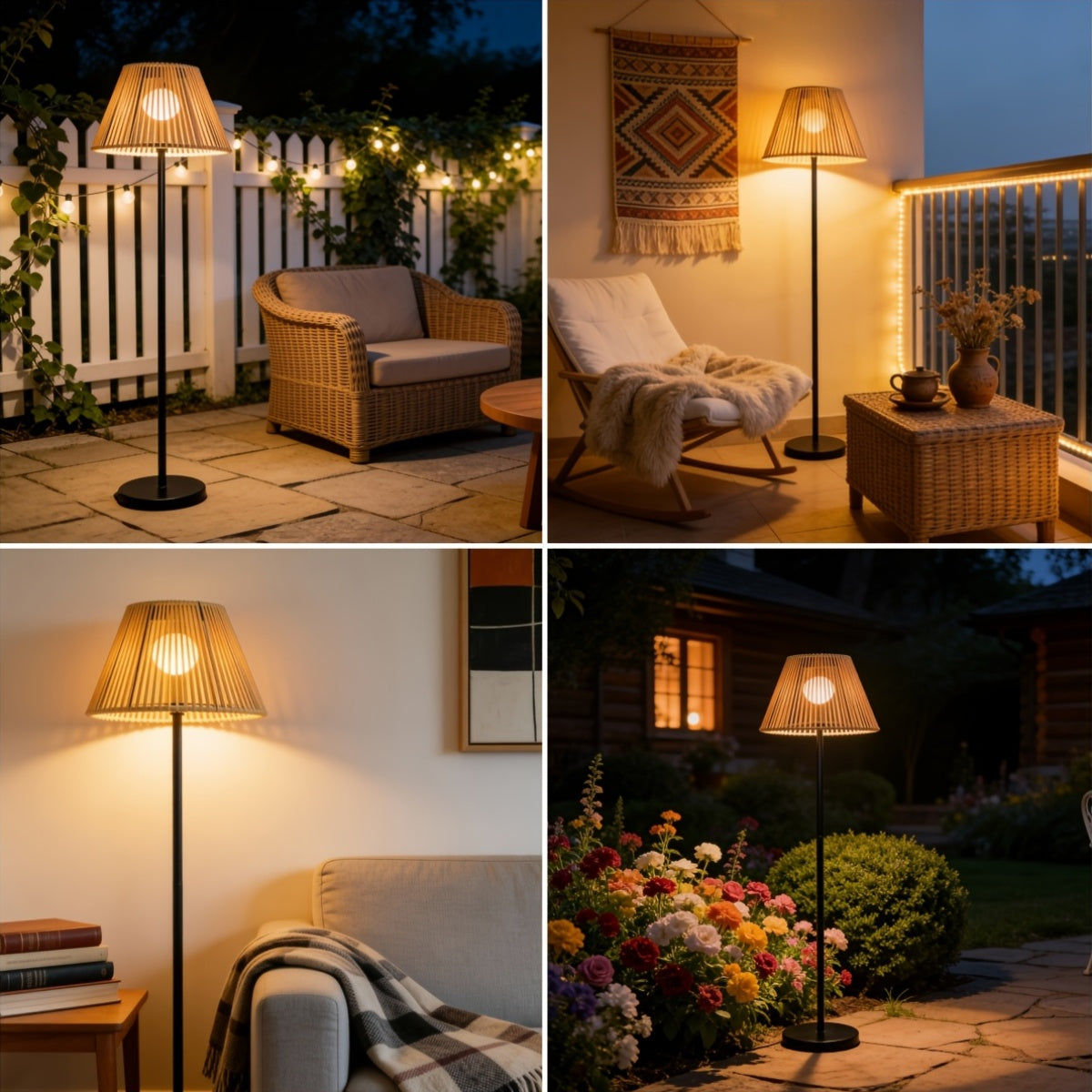 Lampadaire solaire effet rotin à trois hauteurs pour terrasse