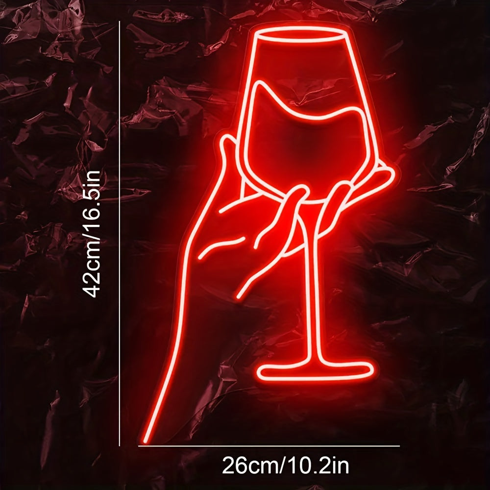 Néon LED main et verre de vin rouge avec variateur, 42 x 26 cm