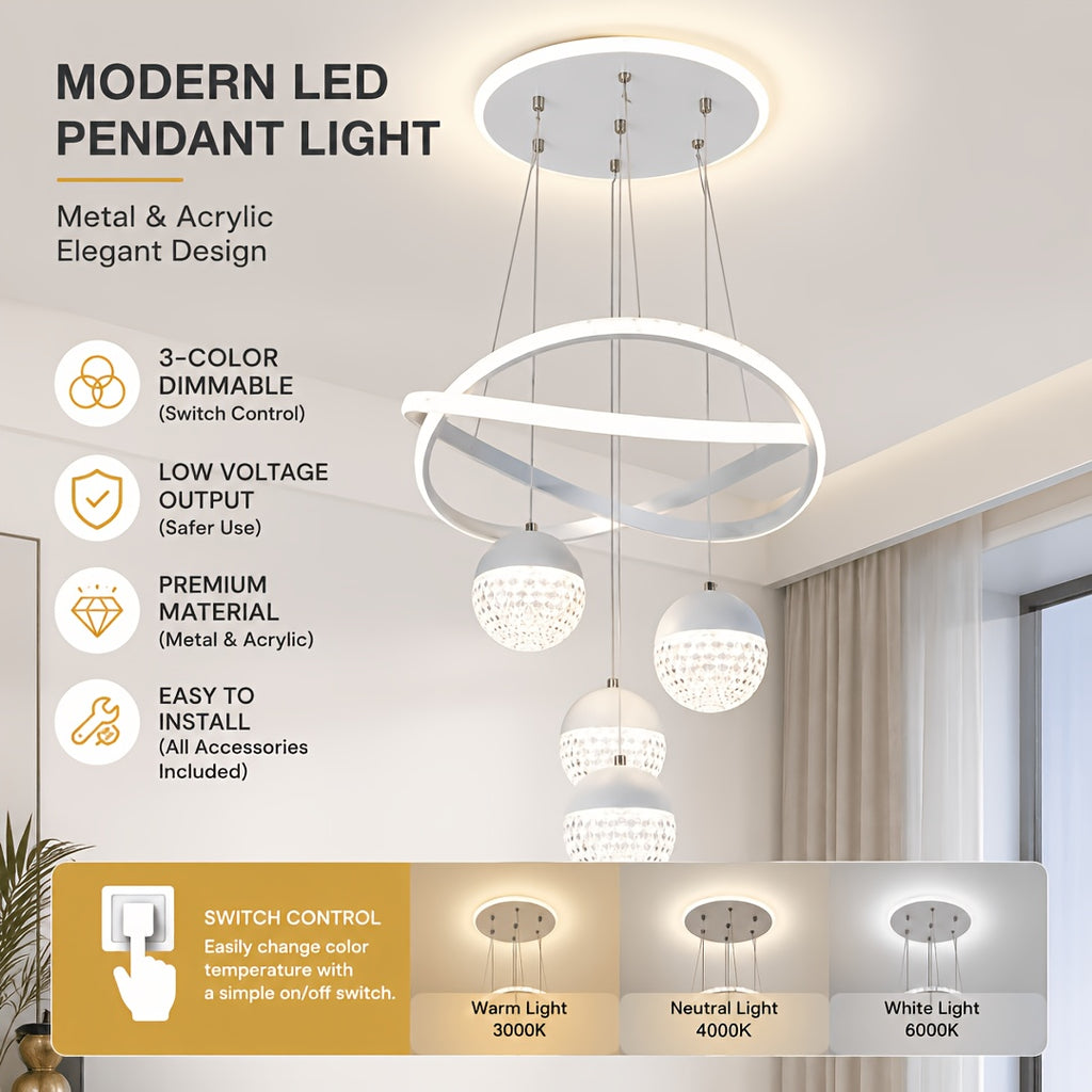 Lustre LED anneaux croisés et trois globes effet cristal, Ø 40 cm