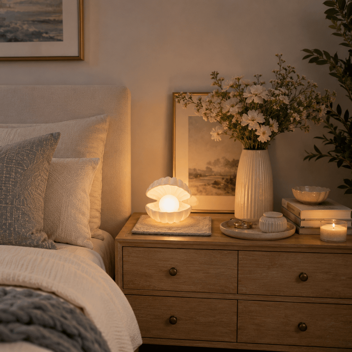 Veilleuse coquillage et perle à piles, lampe de chevet blanc chaud
