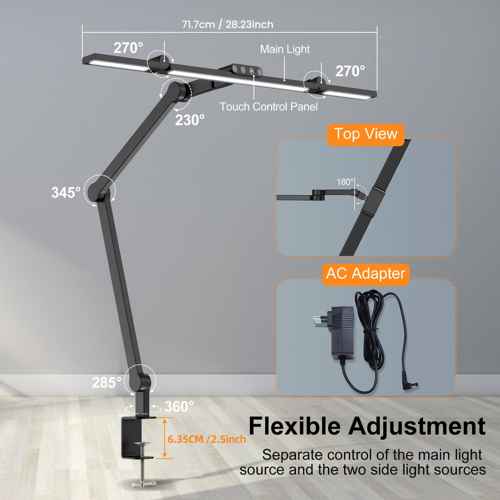 Lampe de bureau à pince d'architecte 24 W, barre LED de 58 cm