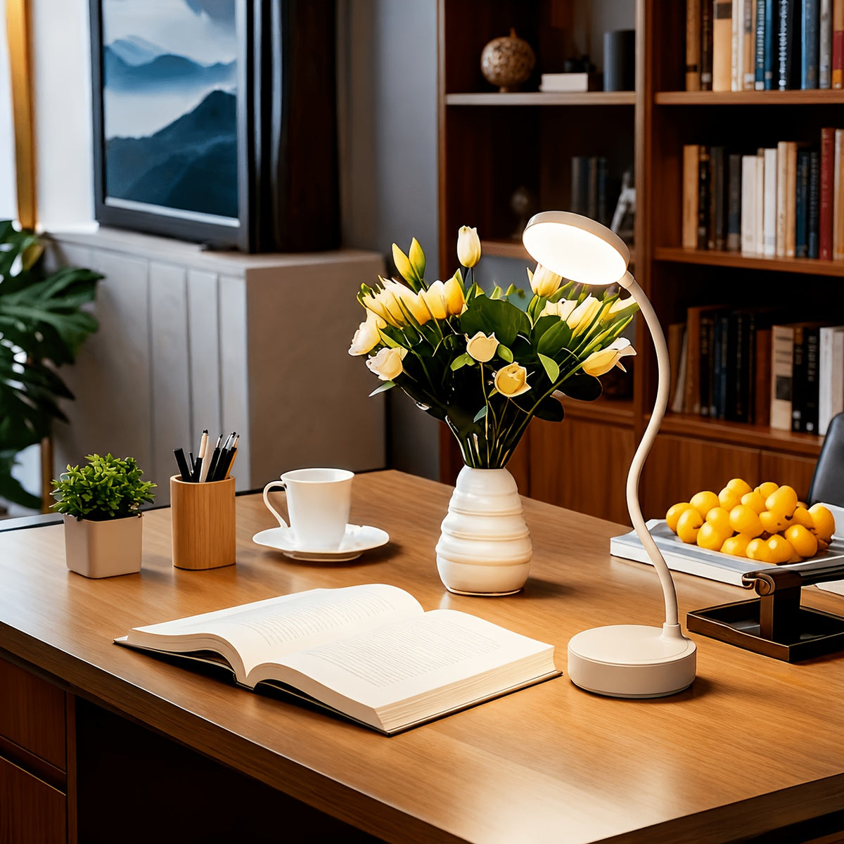 Lampe de bureau LED rechargeable à col flexible, tête ronde blanche