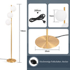 Lampadaire trois boules de verre blanc en cascade, pied doré
