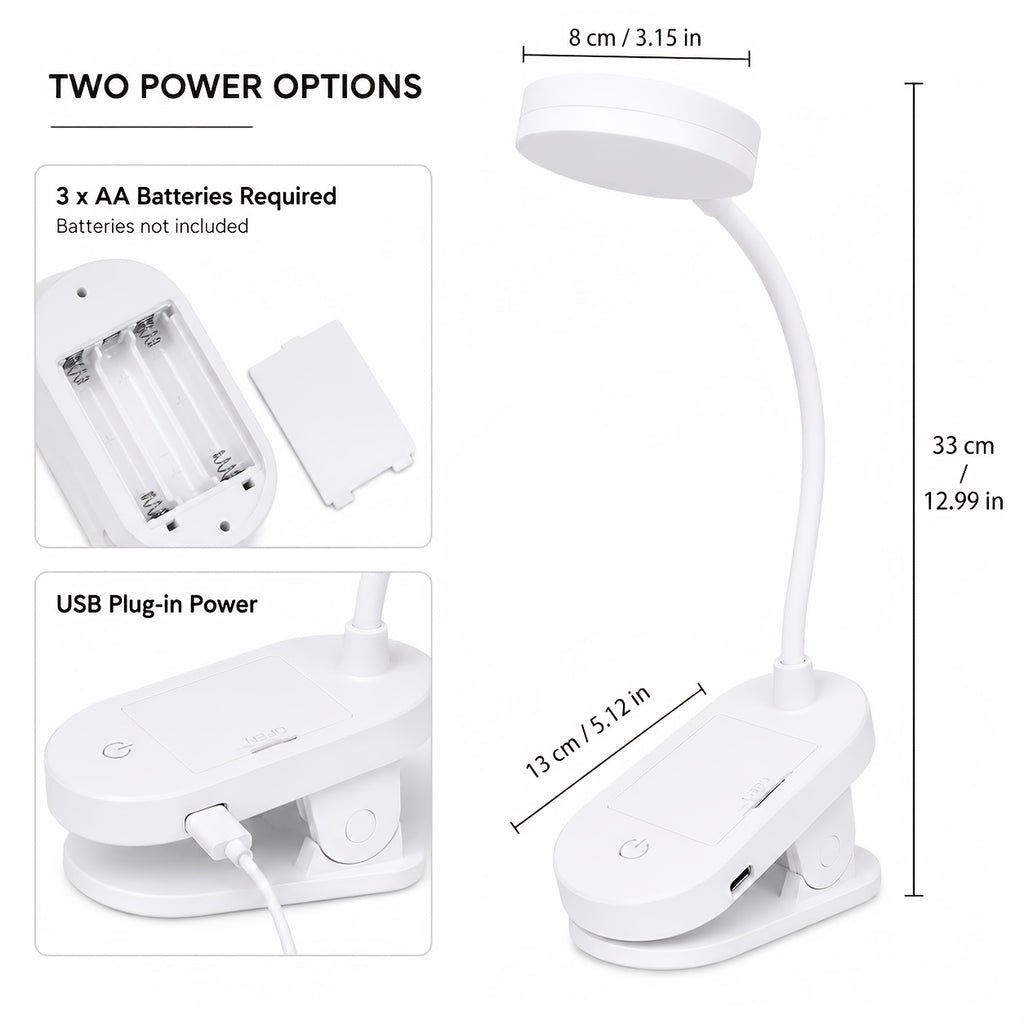 Lampe à pince à piles ou USB, tête ronde blanche de 8 cm