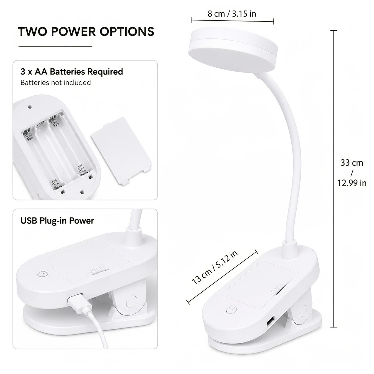Lampe à pince à piles ou USB, tête ronde blanche de 8 cm