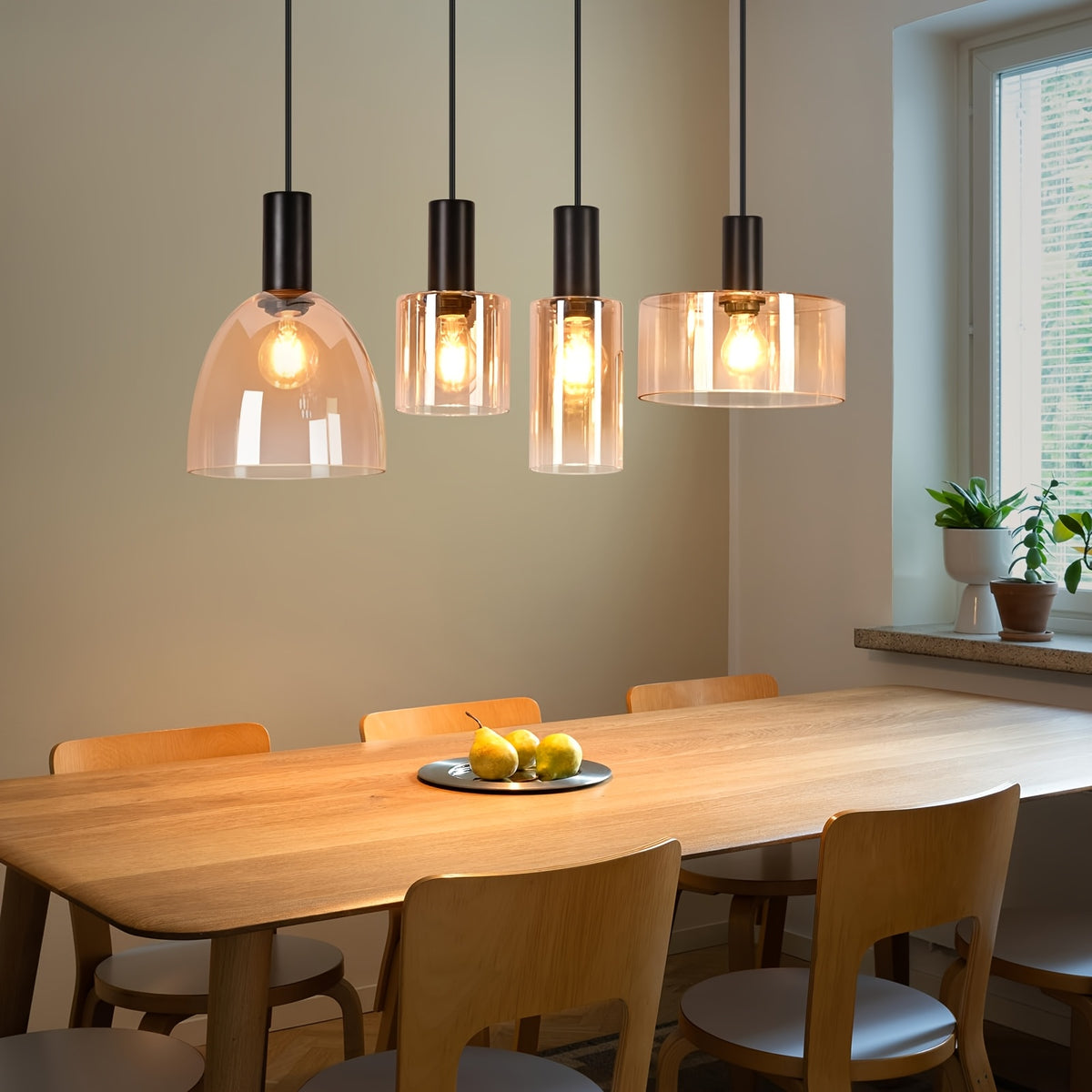 Suspension en verre ambré aux formes mêlées, 3 ou 4 lumières, E27