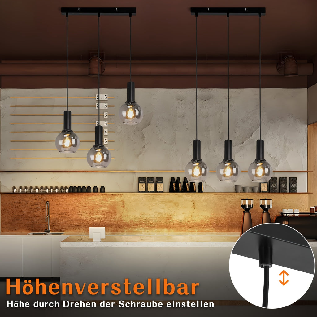 Suspension 3 globes en verre fumé sur barre noire, style vintage