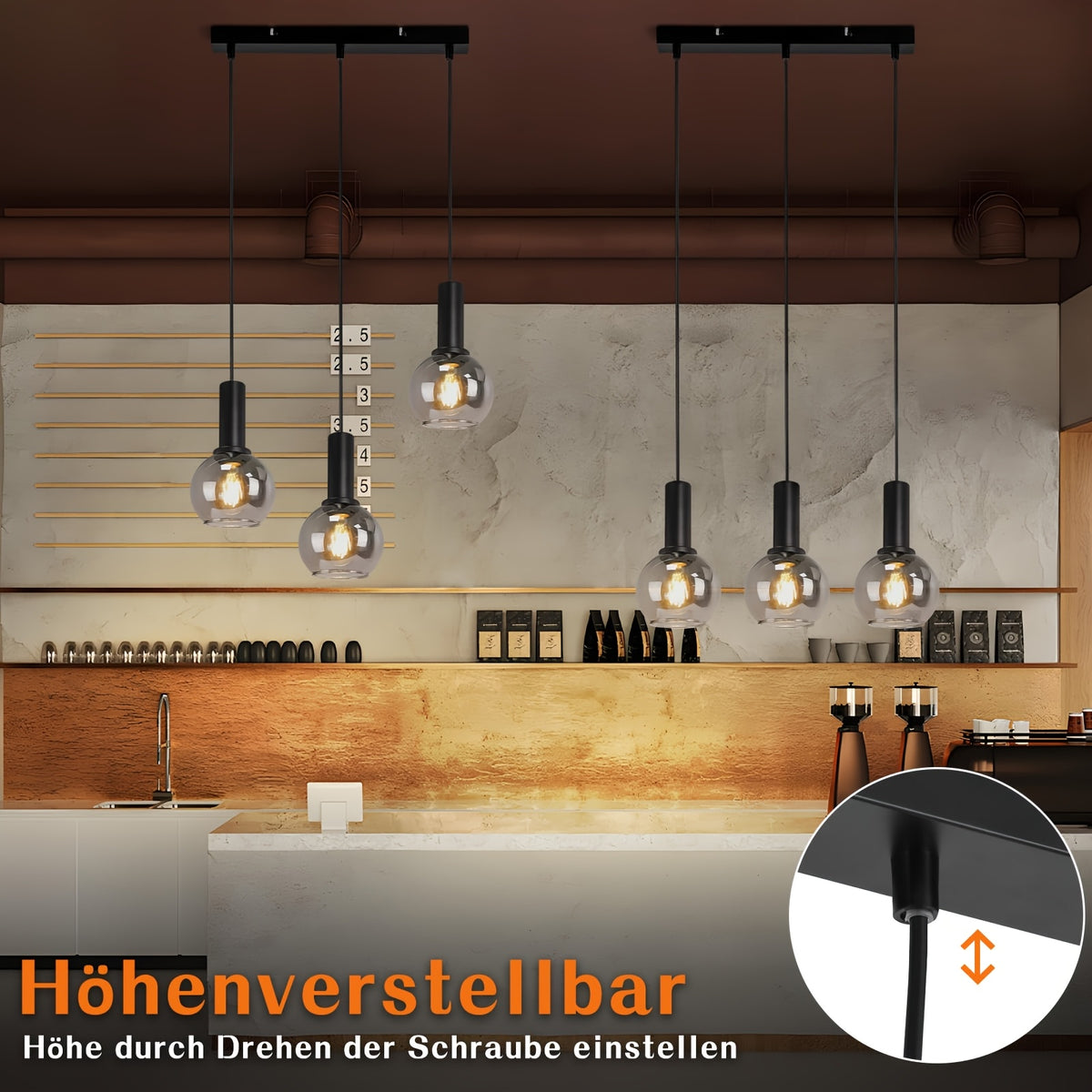Suspension 3 globes en verre fumé sur barre noire, style vintage