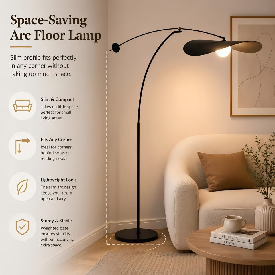 Lampadaire arc noir à abat-jour ondulé en forme de chapeau, 183 cm