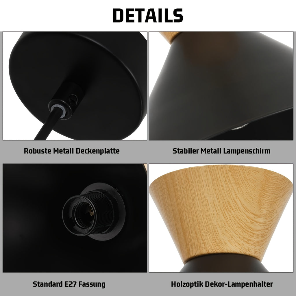 Lot de 2 suspensions cône noir, intérieur doré et col effet bois