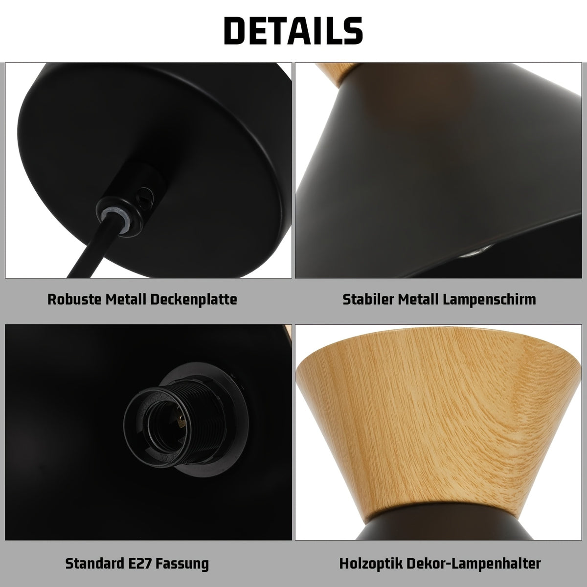 Lot de 2 suspensions cône noir, intérieur doré et col effet bois
