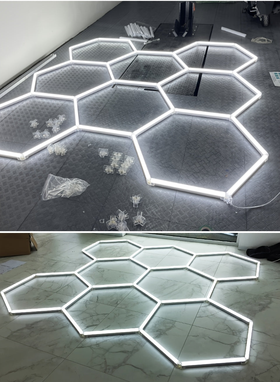 Plafonnier LED hexagonal en kit pour garage ou atelier, 24 à 68 tubes