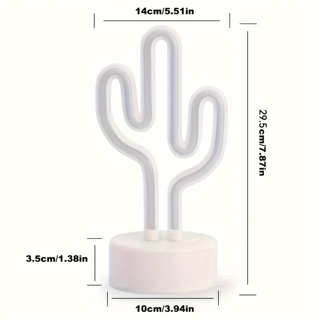 Néon LED cactus vert sur socle blanc, à piles ou USB, 14 x 20 cm