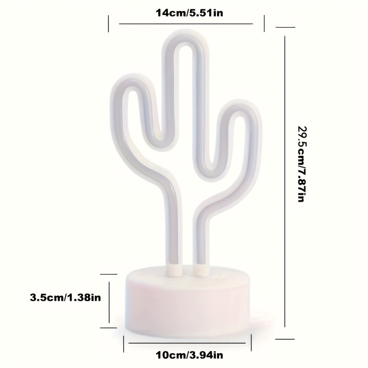 Néon LED cactus vert sur socle blanc, à piles ou USB, 14 x 20 cm