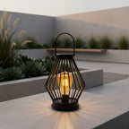 Lanterne solaire en fil de fer noir et ampoule effet Edison, 30,5 cm