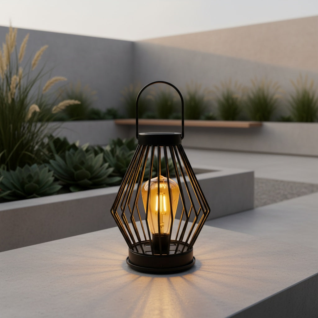 Lanterne solaire en fil de fer noir et ampoule effet Edison, 30,5 cm