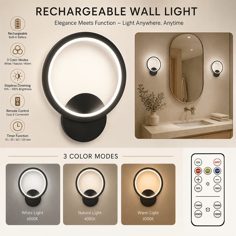 Applique murale LED anneau noir rechargeable, avec télécommande