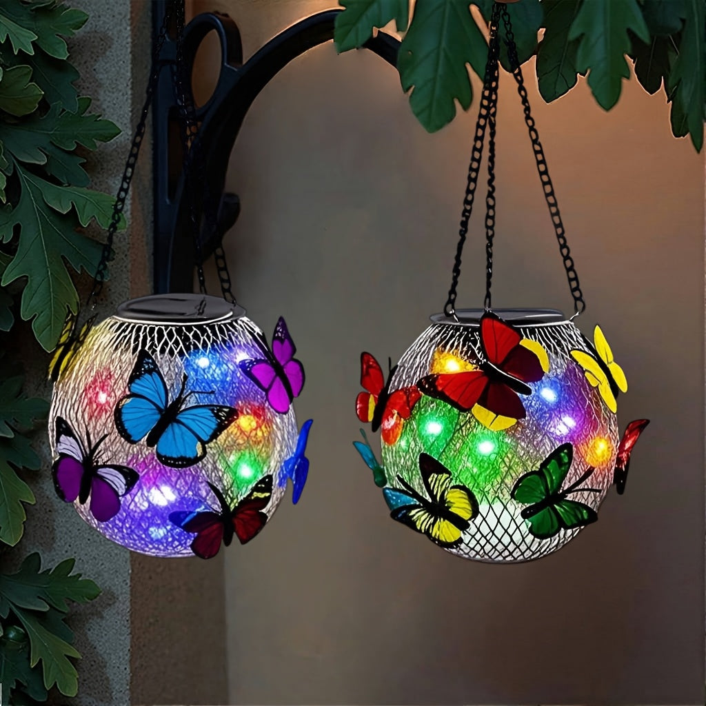 Lot de 2 lanternes solaires boules à papillons, à suspendre, IP65