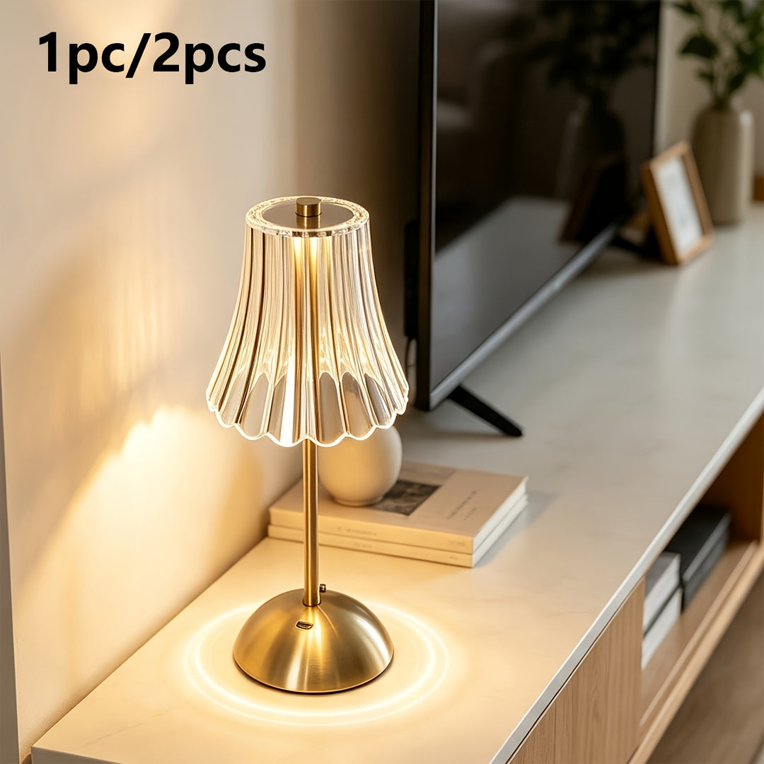 Lampe de chevet sans fil dorée, abat-jour cannelé transparent