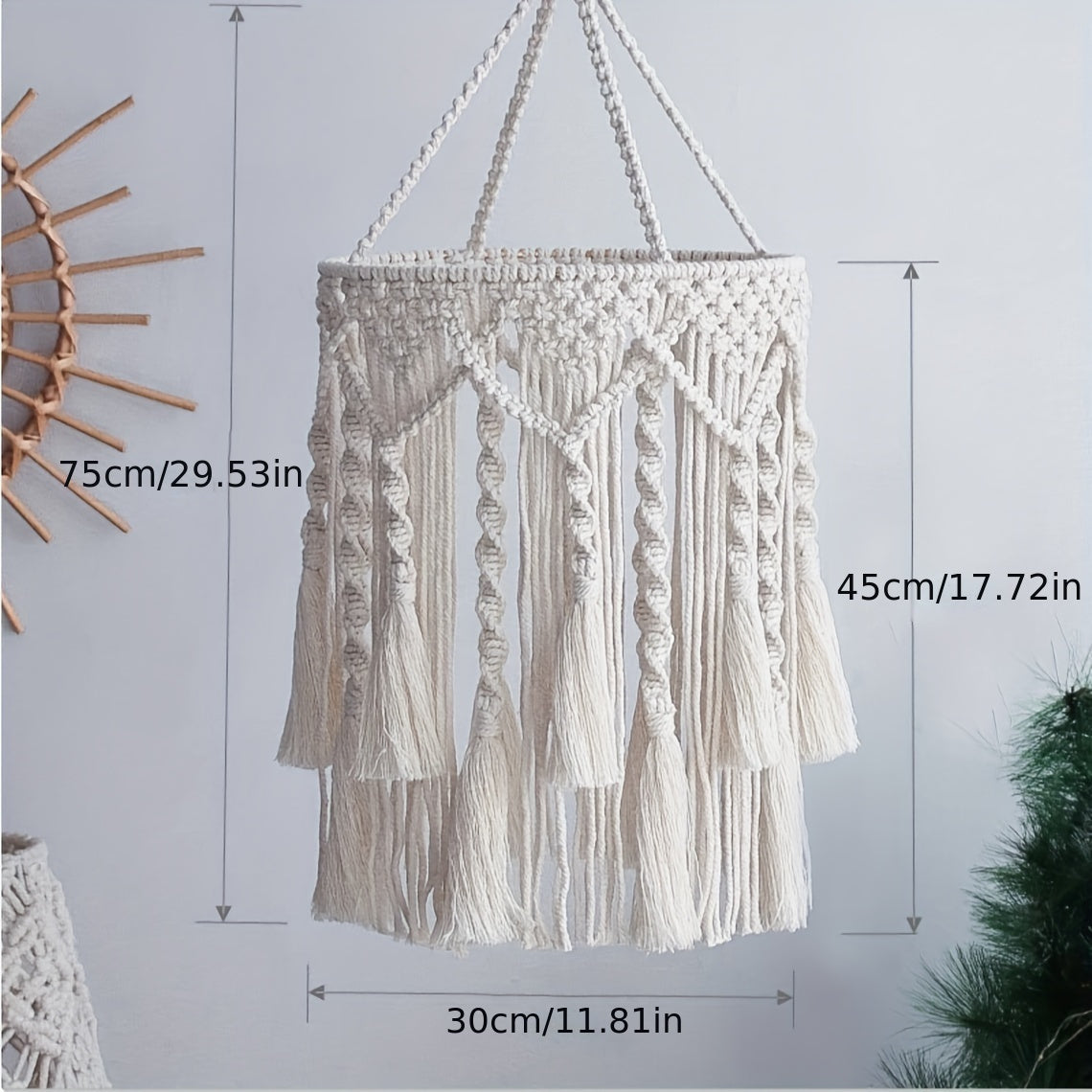 Abat-jour en macramé à franges, motif losanges ou feuillage, Ø 30 cm