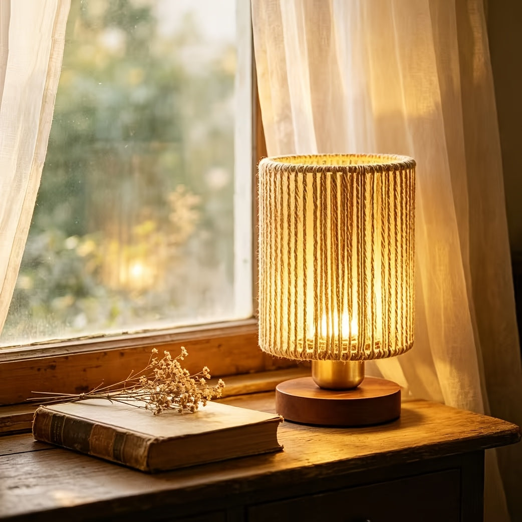 Petite lampe de chevet à cordelette tressée ajourée, socle en bois