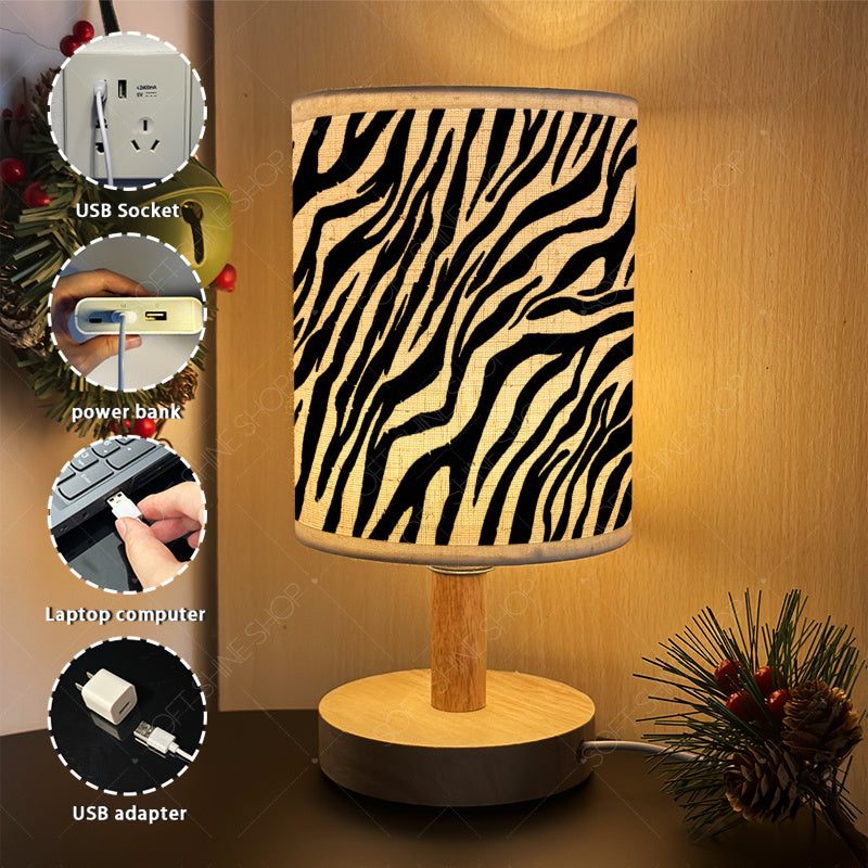 Lampe de chevet zébrée noir et blanc, abat-jour cylindre et LED USB